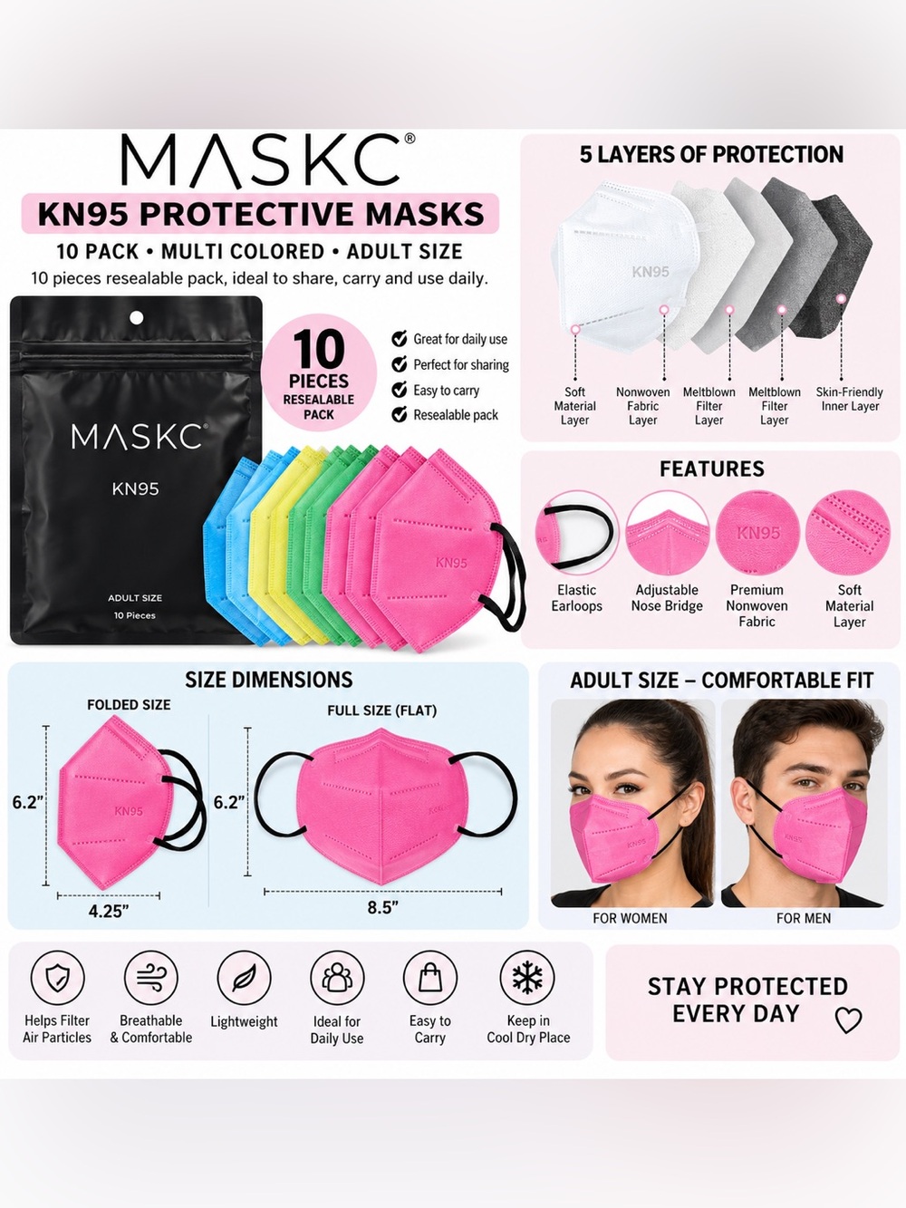 MASKC 10 PACK ADULT KN95 MASKS – MULTI COLORED (NEW WITH TAGS) A31